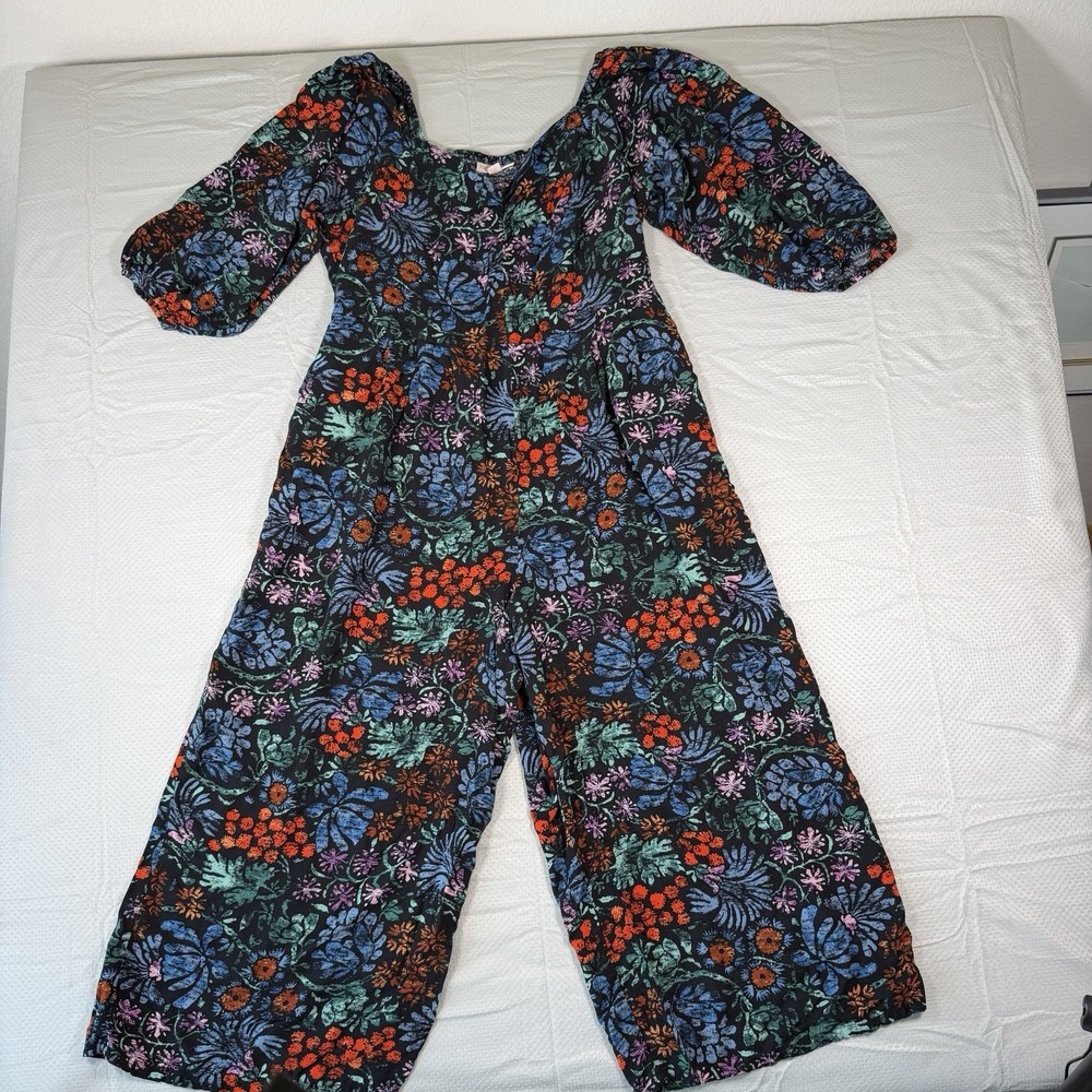 Knox Rose Floral Wide Leg Jumpsuit Womens XL Black Puff Sleeve Cropped Pocket